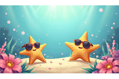 A happy cartoon starfish wearing sunglasses on the seabed