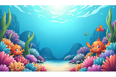 A lively cartoon coral reef filled with happy sea creatures