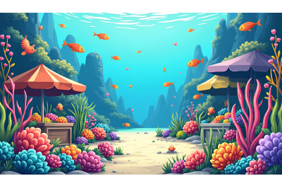 A lively underwater cartoon market filled with sea creatures