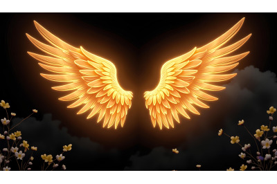 A luminous pair of golden angel wings with soft lighting emanating aga