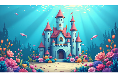 A magical underwater cartoon castle surrounded by sea creatures