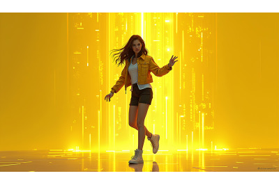 A cyberpunk girl dancing in a digital aurora