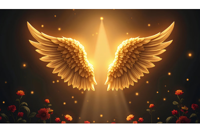 A pair of golden angel wings, slightly arched, radiating light in a da