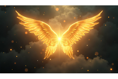 A pair of luminous golden angel wings exuding divine light amidst a da