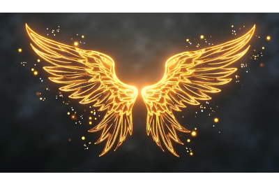 A pair of radiant golden angel wings outlined with delicate light on a