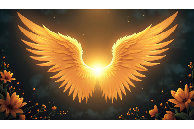 A pair of radiant golden angel wings reflecting faint beams of light i