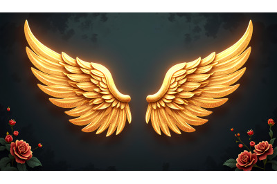 A pair of shimmering golden angel wings resting against a dark, textur