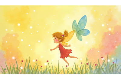 A dreamy watercolor of a fairy in rainbow rain