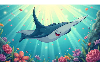 A playful cartoon manta ray gliding through sunlight beams