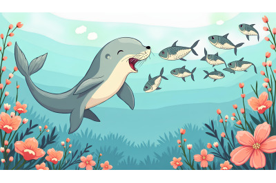 A playful cartoon sea lion chasing a school of small fish