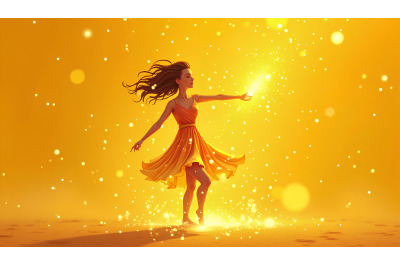 A firework-effect dancer showered in glowing rain