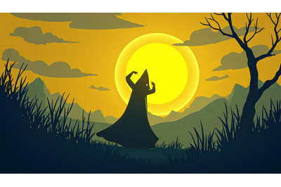 A gothic night sky with a mysterious glowing figure