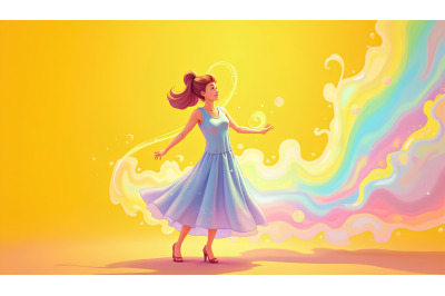 A holographic figure twirling in a rainbow mist