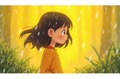 A motion-blur effect of a girl in light rain