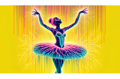 A neon-effect ballerina under electric-colored rain
