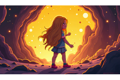 A neon-effect girl in a glowing cosmic scene