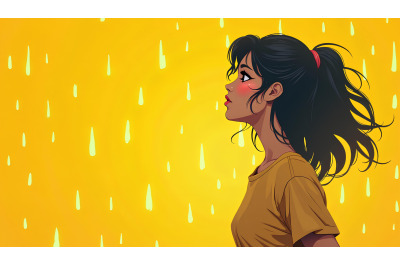 A retro 80s poster of a girl in glowing rain