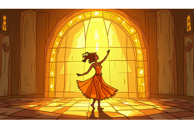 A stained-glass scene of a dancer in light