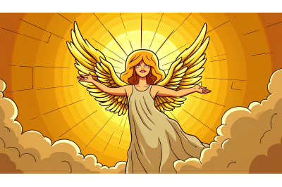 A stained-glass-style celestial angel in a glow