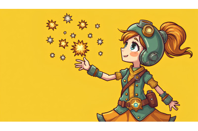 A steampunk-inspired girl releasing mechanical stars
