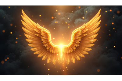 Bright golden angel wings standing out against a dark, smoky texture w