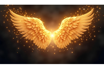 Bright golden angel wings surrounded by subtle, shimmering particles i