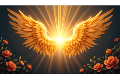 Bright golden angel wings with light rays gently spreading into the da