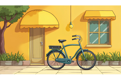Bicycle leaning near a vintage cafe, art deco