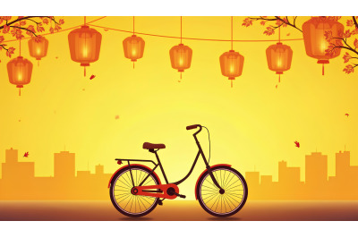Bicycle under floating paper lanterns, digital art