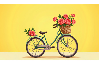 Bicycle with a basket of fresh roses, digital art