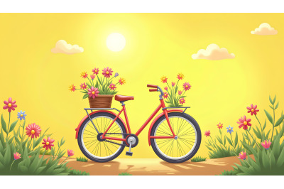Bicycle with flower basket in sunshine, acrylic