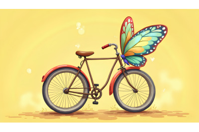 Bicycle with pastel-hued butterfly wings, impressionism