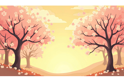 Blossoming cherry trees in golden light, pastels