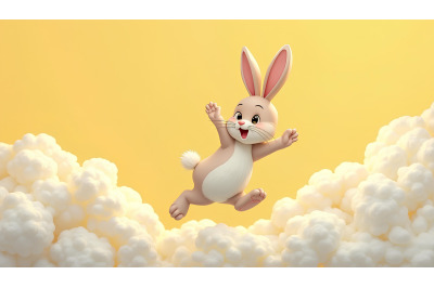 Bunny hopping on fluffy clouds, oil painting