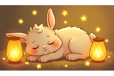 Bunny sleeping under glowing lanterns, realism