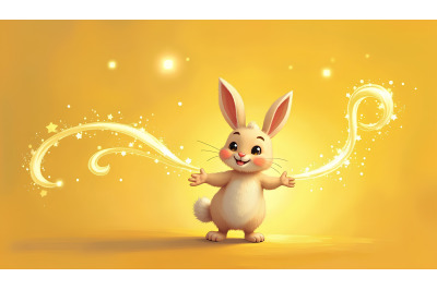 Bunny with magical glowing ribbons, oil painting