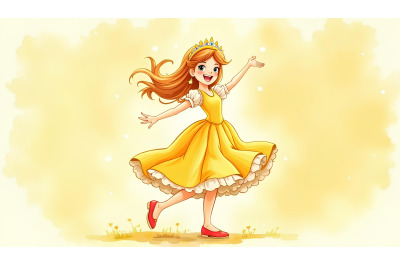 Cheerful princess twirling in happiness, watercolor
