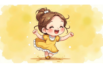 Chibi princess smiling joyfully, watercolor