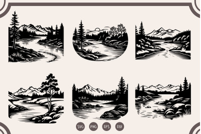 River Scene svg Bundle, Lake Forest Clipart, River Landscape