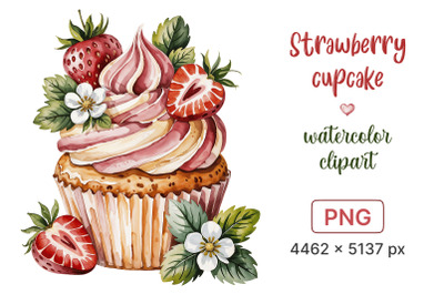 Strawberry Cupcake Watercolor Clipart | High-Quality PNG