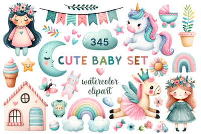 Cute Baby Watercolor Clipart Bundle PNG