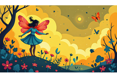 Cubist fairy, geometric night sky elements