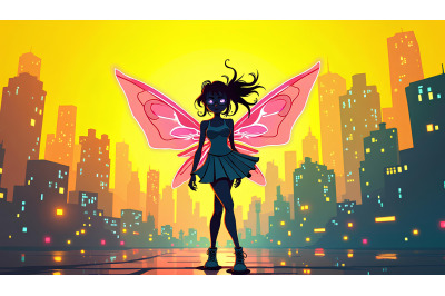 Cyberpunk fairy, neon wings and city lights