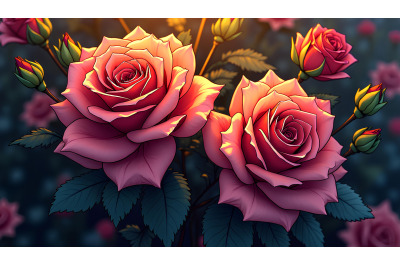 Cyberpunk roses, glowing neon against dark backdrop