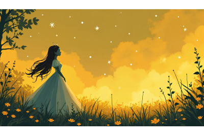 Fairytale princess in a starry meadow, charcoal