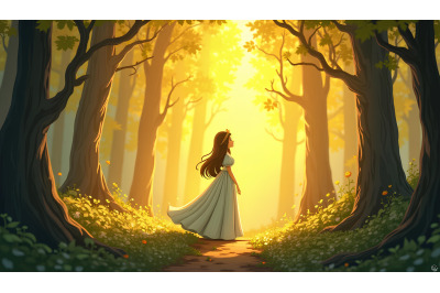 Magical princess in a glowing forest, tempera