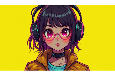 Neon cyberpunk girl, futuristic adorable painting