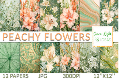 Peach Gladiolus Flowers Digital Papers, Peachy Floral Backgrounds