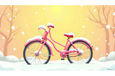 Pink bicycle with gentle snowfall, acrylic