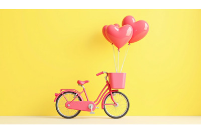 Pink bicycle with heart balloons, acrylic